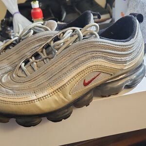 Nike Air Max 97 Metallic Silver and Gold with Red Accent